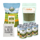 Tierfutterartikel: BELLFOR Langgut-Happen Snacks, Shiimun Gastro Pulver, sechs BELLFOR Landgut-Menü Dosen und eine "Hunde Liebhaber" Tragetasche.