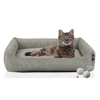 ® Katzenbett waschbar mit Gratis-Beigabe, robuster Fein-Cordstoff grau