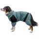 Ein Hund in einem türkisfarbenen und schwarzen Fleece-Outfit mit Kapuze und verstellbaren Riemen steht im Profil vor einem weißen Hintergrund.