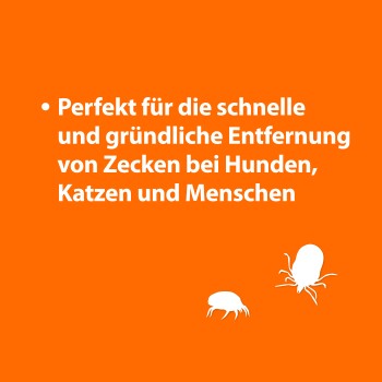 Illustration, die Techniken zur Zeckenentfernung zeigt: 1. Pinzette für kleine Zecken (Schritte 1a-1c) und 2. Haken für größere Zecken (Schritte 2a-2c).