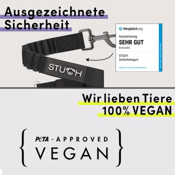 Schwarzes Sicherheitsgeschirr für Haustiere mit Metallclip, markiert mit "STUCH," mit den Auszeichnungen "SEHR GUT" und PETA-zugelassenen "100% VEGAN"-Labels.