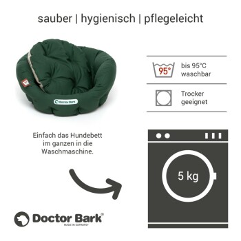 Grünes Hundebett von Doctor Bark, maschinenwaschbar bis 95°C, trocknergeeignet, mit Text, der Sauberkeit und Pflegeleichtigkeit hervorhebt.