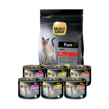 Select Gold Pure Katzenfutterverpackung mit einem Beutel, der mit "Adult" und einem Katzenbild beschriftet ist, umgeben von verschiedenen Dosenvarianten: Rind, Huhn und Pute.