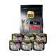 Select Gold Pure Katzenfutterverpackung mit einem Beutel, der mit "Adult" und einem Katzenbild beschriftet ist, umgeben von verschiedenen Dosenvarianten: Rind, Huhn und Pute.