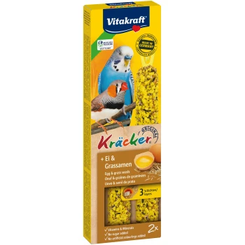 Kräcker Wellensittich 4x2er Ei-Grassamen Vitakraft Kräcker Vogelsnackpackung mit bunten Wellensittichen und einem Zebrafink, mit "Eier- & Grassamen", "Vitamine & Mineralien" und "Kein Zucker."