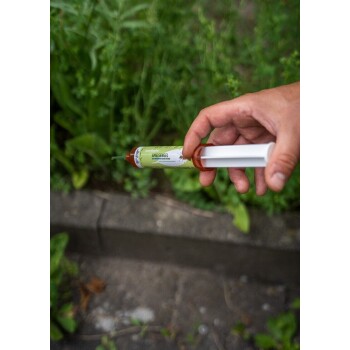 Eine Hand hält eine Spritze mit der Aufschrift "AMEISENGEL" mit einer grünen Spitze, umgeben von üppigen grünen Pflanzen im Hintergrund.