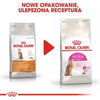 Dwa worki karmy dla kotów Royal Canin, "Exigent" i "Protein Exigent," z czerwoną strzałką wskazującą na przejście. Tekst powyżej: "NOWE OPAKOWANIE."