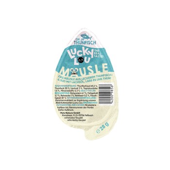 Lucky Lou Katzen-Thunfischsnack-Pack mit den Aufschriften 'OH JA THUNFISCH', 'Lucky Lou', 'MAUSLIE'; 28 g, Barcode.