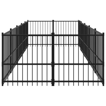 Schwarzes Metall-Hundespielgehege mit vertikalen Stäben, mit einem offenen rechteckigen Design zur Haustierhaltung.