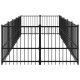 Schwarzes Metall-Hundespielgehege mit vertikalen Stäben, mit einem offenen rechteckigen Design zur Haustierhaltung.