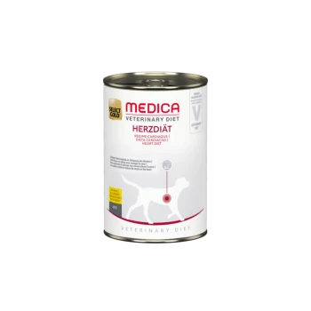 Canned dog food labeled "Select Gold Medica Veterinary Diet Herzdiät," featuring a heart diet for cardiac health, with multilingual text.
