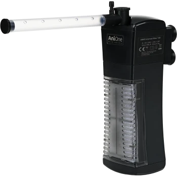 Een iAnione interne filter 120, een zwarte aquariumfilter met een doorzichtige waterinlaatbuis en een zichtbaar filtratiecompartiment.