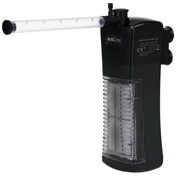 Filtre interne iAnione 120, un filtre d'aquarium noir avec un tube d'admission d'eau transparent et un compartiment de filtration visible.