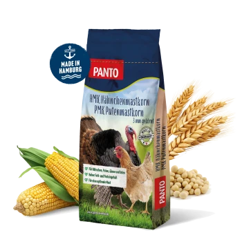 PANTO-Marke Geflügelfuttertasche mit drei Hühnern auf der Vorderseite, beschriftet mit "HMK Hähnchenmastkorn PMK Putenmastkorn" und ernährungsphysiologischen Vorteilen.