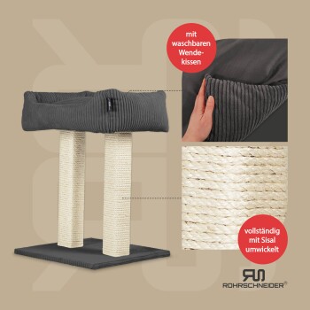 Katzenbaum mit einem dunkelgrauen abnehmbaren Kissen, zwei mit Sisal umwickelten Pfosten und einem stabilen Sockel. Kissen sind waschbar.