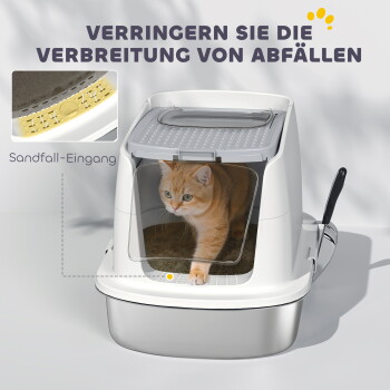 Orangegetigerte Katze in weißer geschlossener Katzentoilette mit durchsichtiger Klappe und einer seitlichen Schaufel; sichtbarer Text 'VERRINGERN SIE' und 'Sandfall-Eingang'