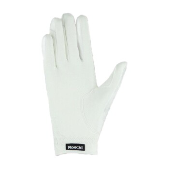 Weiße Roeckl-Handschuhe mit einer strukturierten Handfläche und einem schwarzen Logo-Tag am Handgelenk, vor einem schlichten Hintergrund präsentiert.