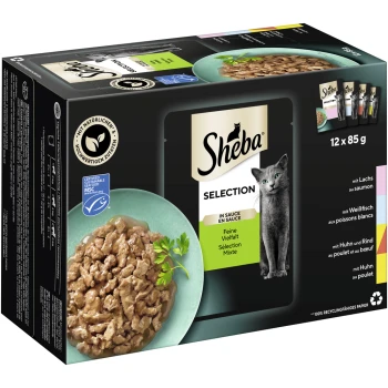 Sheba Selection Katzenfutterpackung mit 12 x 85g Beuteln, mit einer Schüssel mit zerkleinertem Fleisch in Sauce und einem Katzenbild auf der Vorderseite.