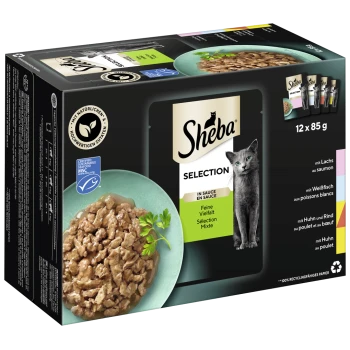 Sheba Selection Katzenfutterpackung mit 12 x 85g Beuteln, mit einer Schüssel mit zerkleinertem Fleisch in Sauce und einem Katzenbild auf der Vorderseite.