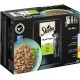 Sheba Selection kattenvoer verpakking met 12 x 85g zakjes, met een schaal met gescheurd vlees in saus en een kattenafbeelding op de voorkant.