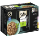 Sheba Selection kattenvoer verpakking met 12 x 85g zakjes, met een schaal met gescheurd vlees in saus en een kattenafbeelding op de voorkant.