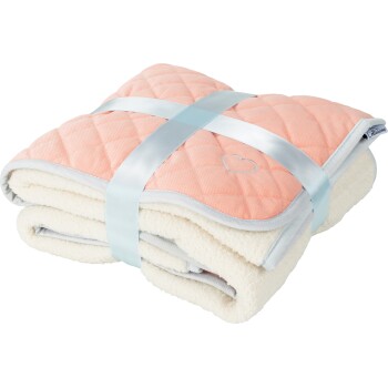 Eine gefaltete Haustierdecke mit einer gesteppten Korallenoberfläche und einer weichen cremefarbenen Unterseite, mit einem hellblauen Band gebunden.