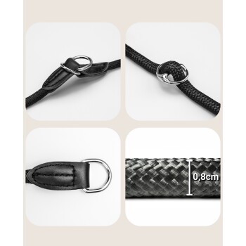 Größentabelle für Hundehalsbänder, die Halsumfangsmessungen und entsprechende Halsbandlängen zeigt, mit Anweisungen in Deutsch und Englisch.