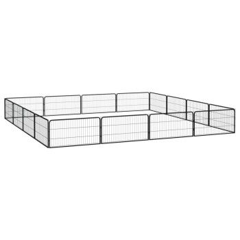 Schwarzer Metall-Haustierspielplatz mit mehreren Paneelen, die in rechteckiger Form angeordnet sind, ideal zur sicheren Unterbringung von Haustieren.