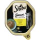Sheba Sauce Collection Katzenfutter mit Hühnchen in Kräutersauce, 85g, mit einem Bild einer grauen Katze und einem grünen Futternapf.