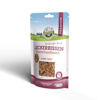 Leckerbissen für Hunde mit Kaninchenfleisch - 50g Premium gefriergetrocknete Kaninchenfleisch-Leckerlis für Haustiere in einem 150g Beutel, mit dem Text "LECKERBISSEN Kaninchenfleisch" und "RABBIT MEAT."