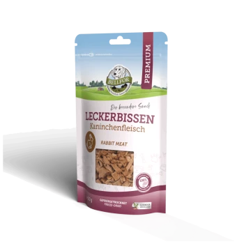 Premium gefriergetrocknete Kaninchenfleisch-Leckerlis für Haustiere in einem 150g Beutel, mit dem Text "LECKERBISSEN Kaninchenfleisch" und "RABBIT MEAT."