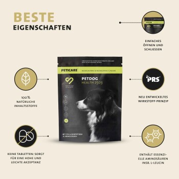 Peticare Petdog Health 2503 Pulverergänzung in schwarzer und grüner Verpackung, mit dem Profil eines Hundes und 100% natürlichen Zutaten.