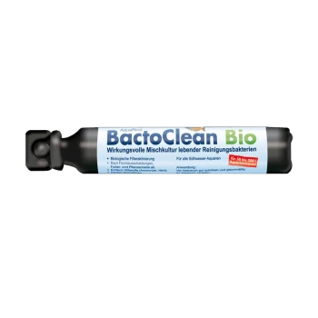 Bouteille AquaRico BactoClean Bio pour aquariums, présentant un texte sur la filtration biologique et les bactéries nettoyantes pour les réservoirs d'eau douce.