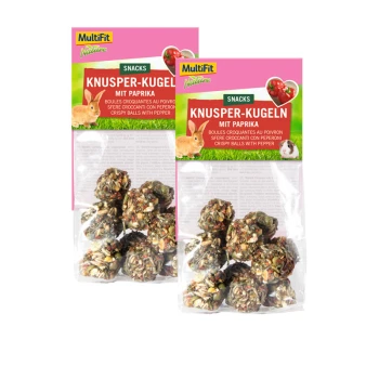 Dwa opakowania przekąsek Multifit Nature Knusper-Kugeln dla zwierząt, z chrupiącymi kulkami z pieprzem, z obrazkami królika i świnki morskiej.