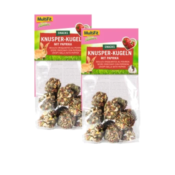 Dwa opakowania przekąsek Multifit Nature Knusper-Kugeln dla zwierząt, z chrupiącymi kulkami z pieprzem, z obrazkami królika i świnki morskiej.