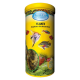Behälter mit Aquaris Fischfutterflocken, mit bunten Fischillustrationen und dem Text "Hauptfutter für alle Zierfische" und "PLUS AMINO SÄURE."