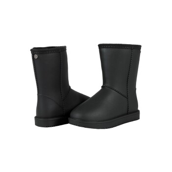 Schwarze wasserdichte Haustierstiefel mit einem weichen Innenfutter, mit einem gestickten Design und einer Gummisohle, auf einem weißen Hintergrund präsentiert.