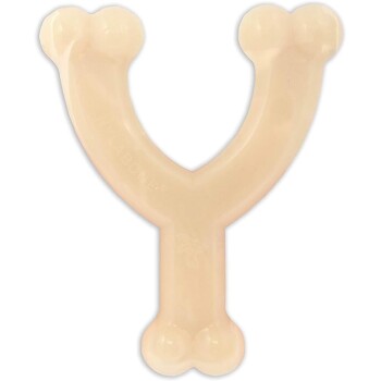 Ein hellfarbiges Hundekauspielzeug in Form eines 'Y' mit abgerundeten Enden, die Knochen ähneln, entworfen für das Spielen von Haustieren und die Zahngesundheit.