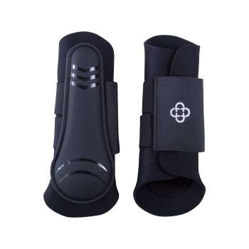 Schwarze Haustierbeinschützer mit verstellbaren Riemen, mit einem eleganten Design und schützender Polsterung, auf einem weißen Hintergrund präsentiert.