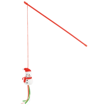 Roter Katzenwedel-Spielstab mit einem hängenden Schneemann, der eine Weihnachtsmütze und einen Schal trägt, mit grünen und roten Bändern.