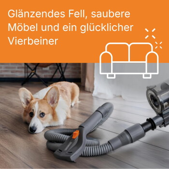 Braun-weißer Hund wird mit einem Thomas-Haustierpflegegerät gepflegt, Text lautet „Fellpflege-Set Sanfte Pflege. Weniger Tierhaare.“