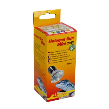 Halogen Sun Mini 20 W Verpackung der Halogen Sun Mini 20W Glühbirne, die einen Halogenstrahler für E27-Fassungen zeigt, mit Bildern von einem Gecko und dem Markennamen 'Lucky Reptile.'