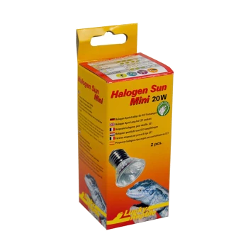 Verpackung der Halogen Sun Mini 20W Glühbirne, die einen Halogenstrahler für E27-Fassungen zeigt, mit Bildern von einem Gecko und dem Markennamen 'Lucky Reptile.'
