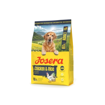 Josera Adult Medi Maxi Large Hundefutterbeutel mit Huhn und Reis, mit Hund und ländlichem Hintergrund.