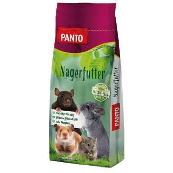 Bunte PANTO Nagerfutter-Tüte mit Bildern eines Hamsters, einer Maus und eines Chinchillas, die Vitamine, Mineralien und hohe Akzeptanz betont.