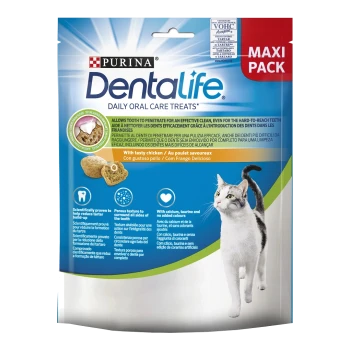 Friandises Purina Dentalife Daily Oral Care pour chats, saveur poulet savoureuse, pack maxi, avec contrôle du tartre et calcium.