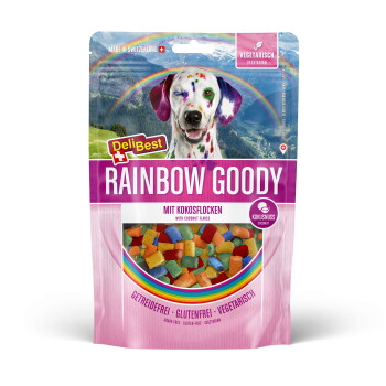 DeliBest RAINBOW GOODY Hundeleckerli-Beutel mit geschecktem Dalmatiner, Regenbogen und Sichtfenster mit bunten Kokosflocken, beschriftet 'mit Kokosflocken'