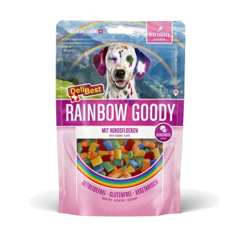 DeliBest RAINBOW GOODY Hundeleckerli-Beutel mit geschecktem Dalmatiner, Regenbogen und Sichtfenster mit bunten Kokosflocken, beschriftet 'mit Kokosflocken'
