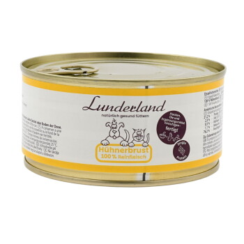 Eine Dose Haustierfutter mit dem Label "Lunderland Hühnerfleisch", mit einem beigen und lila Design und Cartoon-Tieren.