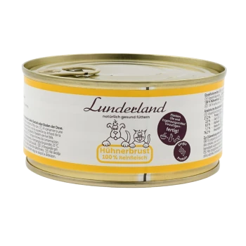 Eine Dose Haustierfutter mit dem Label "Lunderland Hühnerfleisch", mit einem beigen und lila Design und Cartoon-Tieren.